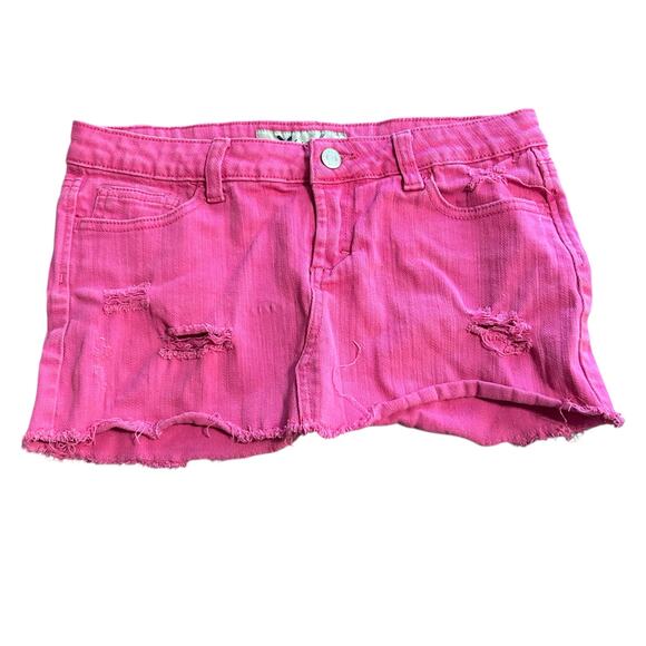 Y2K Wet Seal Pink Low Rise Micro Mini Skirt Size 7 Distressed Denim Stretch - Picture 1 of 4